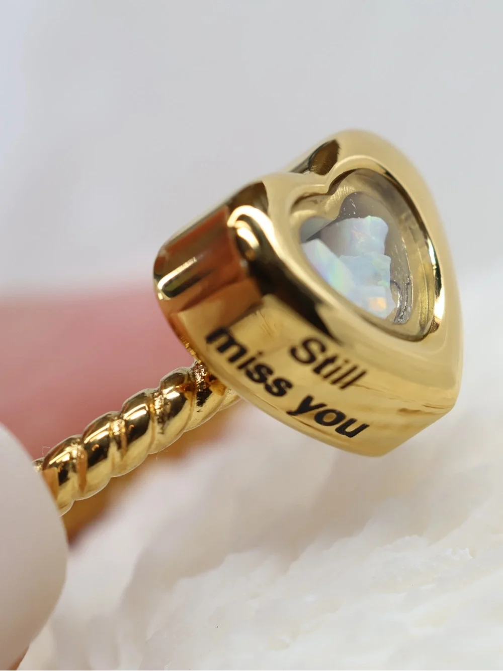 NWT Urn Ring, Gold Heart Ring with Opal-Look Inset - Still miss you Engraved Ash
